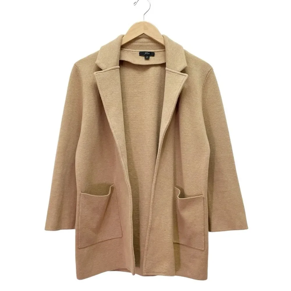 J. Crew Sophie Sweater Blazer Size Small Camel Tan Merino Wool Open Front Jacket